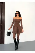 Robe mini marron sans bretelles pour femme, jupe à volants, modèle HZL25W-FRY123581