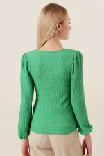 Kadın Yeşil Balon Kol Dokulu Kare Yaka Trend Örme Bluz HZL23W-BD104421