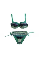 Kadın Yeşil Taş İşlemeli Etnik Desenli Astarlı Bikini Takımı HZL25S-LC3305