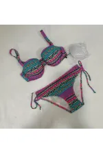 Kadın Fuşya Çok Renkli Etnik Desen Atarlı Bikini Takımı HZL25S-LC8004