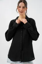 Women's Single Pocket Oversize Muslin Shirt 20353 - Black