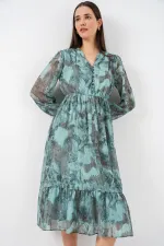 2137 Desenli Şifon Elbise - Mint Yeşili