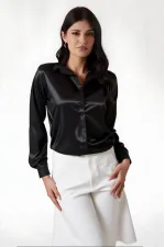 Kadın Siyah  Hafif Dökümlü Saten Yüzeyli Gömlek HZL22W-BD139641