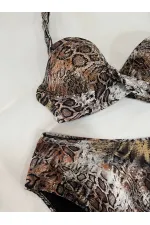 Kadın Kahverengi Leopar Desenli Astarlı Büyük Beden Bikini Takımı HZL25S-LC25006