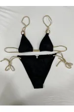Kadın Siyah Halka Detaylı İp Bağlamalı Astarlı Bikini Takım HZL25S-AR1617