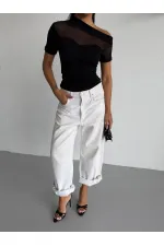 Kadın Siyah Tek Omuz Transparan Tül Detaylı Şık Sandy Bluz HZL26S-FRY123871