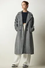 Manteau ample doublé en laine grise pour femme, fermeture boutonnée, double poche, HZL24W-BD191131