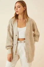 Women's Beige Hair Knit Pattern Long Buttoned Casual Cut Knitwear Cardigan HZL23W-BD1100691