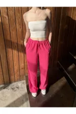 Pantalon large en lin rose pour femme, taille élastique, avec poches, HZL24S-ZK11051