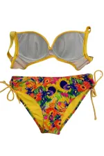Kadın Sarı Çiçek Desenli Taş İşlemeli  Astarlı Bikini Takım HZL25S-LC3313