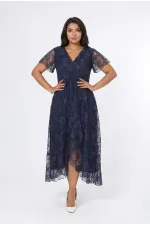 Kadın Lacivert Büyük Beden V Yaka Astarlı Dantel Detaylı Şık Abiye Elbise HZL26S-PR11071