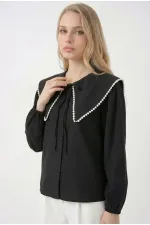 Kadın Siyah Bebe Yaka Düğmeli Şık Günlük Gömlek HZL26S-BD1203141