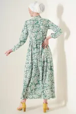 2144 Hakim Yaka Tesettür Elbise - Çağla