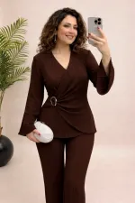 Women's Brown Plus Size Pleated Evening Dress Set with Buckle Detail HZL26W-PR10101