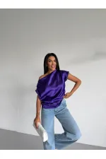Kadın Mor Tek Omuz Asimetrik Kesim Saten Bluz HZL26W-FRY121171