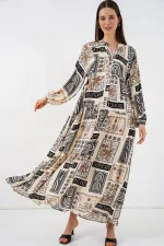 Kadın Desenli Uzun Tesettür Elbise 2585 - K. Bej