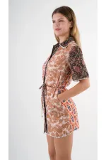 Kadın Kahverengi Sarı İp Kemerli Küpürlü Gömlek Görünümlü Elbise HZL24S-YY237