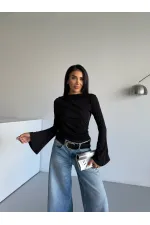 Kadın Siyah Drape Detaylı İspanyol Kol Sany Bluz HZL25W-FRY123431