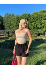 Kadın Siyah Beli Lastikli Yırtmaç Detaylı Cepli Keten Şort HZL24S-ZK11071