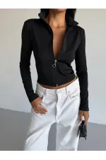 Women's Black Diving Fabric Zippered Finger-Tight Sweatshirt HZL25W-FRY123441