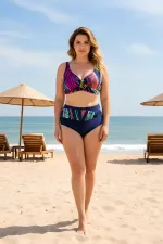 Ensemble bikini doublé grande taille bleu marine multicolore pour femme HZL25S-LC21202