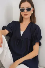 Kadın Önü Bağcıklı Kısa Kol Bluz 962 - Lacivert
