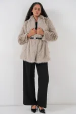 Women's Belted Oversize Fur Coat 9156 - Stone