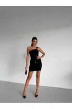 Women's Black One-Shoulder Sandy Mini Dress with Gold Accessories HZL26W-FRY123781