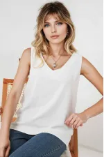Kadın Beyaz V Yaka Sıfır Kol Bluz HZL25S-BD19501