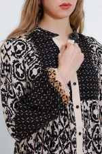 Kadın Siyah Bej Desenli Bileği Lastikli Düğmeli Uzun Viskon Elbise HZL24S-BD124231