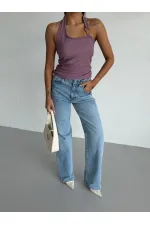 Kadın Lila Ottoman Kumaş Halter Yaka Toka Detay Bluz HZL26W-FRY123321