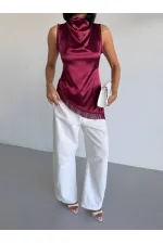 Women's Burgundy Halter Neck Asymmetrical Cut Fringe Detail Satin Blouse HZL26S-FRY123911