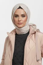 Women's Cream Long Quilted Lined Puffer Hijab Coat HZL25W-BD151381