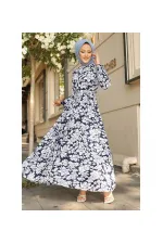 Kadın Lacivert Desenli Hakim Yaka Yazlık Uzun Elbise HZL25W-BD122971
