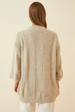 Women's Beige Hair Knit Pattern Long Buttoned Casual Cut Knitwear Cardigan HZL23W-BD1100691