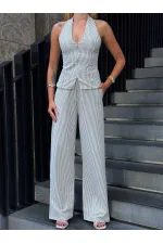 Kadın Vizon Çizgili Önü Fermuarlı Bluz Pantolon İkili Takım HZL25S-ZK13691