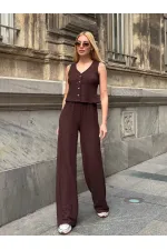 Kadın Kahverengi Beli Lastilkli Gofre Kumaş Pantolon HZL24S-ZK13261