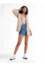 Kadın Bej Oversize Uzun Basic Gömlek HZL22W-BD139001