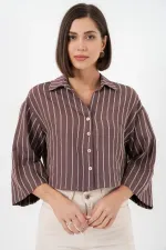 Chemise courte rayée oversize pour femme 20326 - Marron