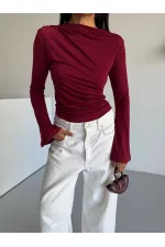 Kadın Bordo Drape Detaylı İspanyol Kol Sany Bluz HZL25W-FRY123431