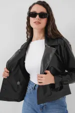 Veste en similicuir doublée noire avec ceinture pour femme HZL25W-BD110461