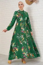 2144 Hakim Yaka Tesettür Elbise - Zümrüt Yeşili