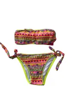 Kız Çocuk Neon Sarı Çok Renkli Astarlı 4-12 Yaş Straplez Bikini Takım HZL24S-LC6355