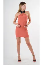 Kadın Kiremit Halter Yaka Saten Kumaş Sırt Dekolteli Mini Elbise HZL24S-YY262