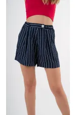 Kadın Lacivert Çizgili  Beli Lastikli Düğme Detaylı Cepli Şort HZL24S-YY277