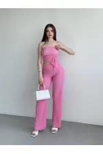 Kadın Pembe Beli Lastilkli Gofre Kumaş Pantolon HZL24S-ZK13261