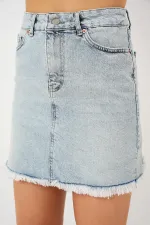 Jupe courte en jean à franges pour femme 8051 - Bleue