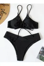 Kadın Siyah İp Detaylı Astarlı V Kesim Üçgen Bikini Takım HZL24S-LC2234