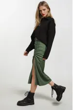 Kadın Zümrüt Yeşili Beli Lastikli Yırtmaçlı Uzun Etek HZL22S-BD118801