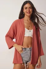 Veste de saison texturée rose poudré pour femme, ouverte sur le devant, à col superposé HZL22S-BD158621